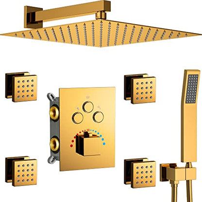 Gold Shower System 12 Inch Bathroom Luxury Rain Mixer Shower Combo Set Wall Mounted Rainfall Shower Head System Gold Rain Shower Jets Body Sprays System - color: Gold