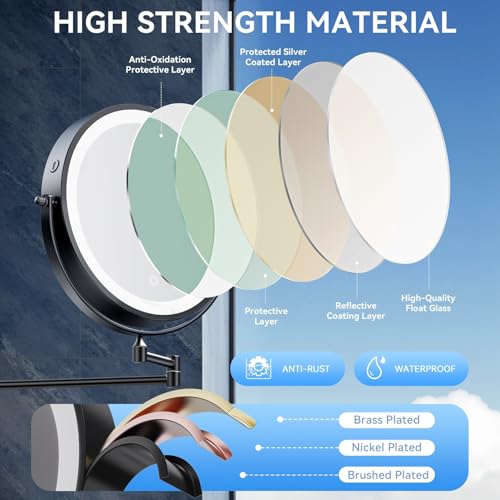 Auxmir 9″ 5000mAh 1X/30X Wall Mounted Lighted Magnifying Makeup Mirror | Power Adapter&2 Tweezers Included/ 3 Dimmable Colors/ Dual Sided Button Control/ Rechargeable/ 360° Rotation Extended Arm - color: 9'' 30x-black+adapter