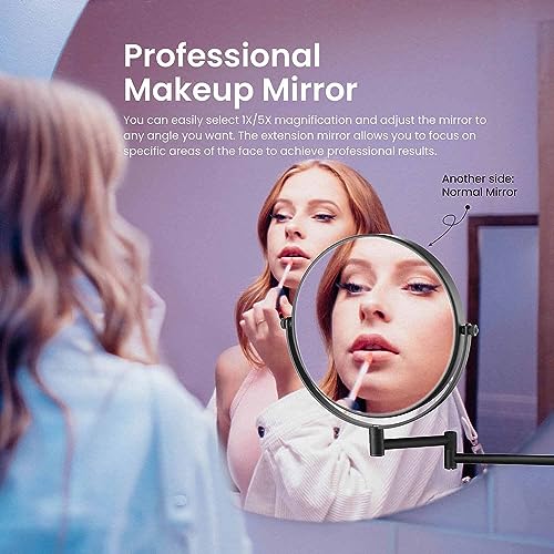 Circular Wall Mount Makeup Mirror, Dual-Sided 1x/5x Magnifying Mirror with Extendable Arm, 360° Swivel, Solid Brass Construction for Durability and Style (Matte Black - KMM100) - color: Matte Black