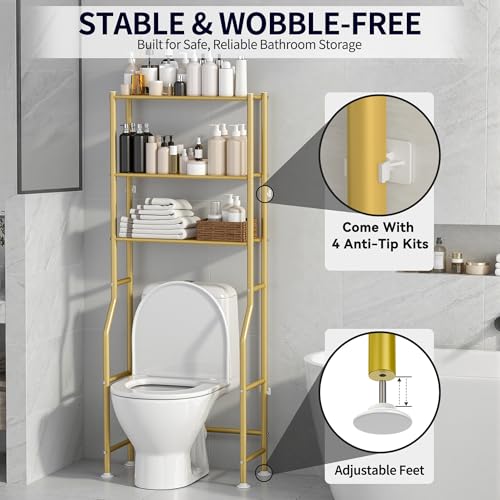 3-Tier Over The Toilet Storage, Freestanding Metal Bathroom Shelves, Space Saver Above The Over Toilet Storage Shelf for Bathroom (Gold) - color: Gold