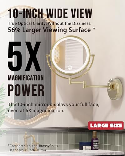 10" Brass Wall Mount Magnifying Mirror with Lights Gold | HardWired, 2 Sided LED 3 Color Touch Dimming Extended Arm 360 Rotation Retractable Cosmetic for Bathroom, Satin Brushed Gold - color: Satin Brushed Gold