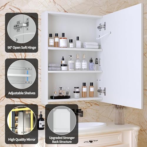 20" x 28" Bathroom Medicine Cabinet with Mirror,Medicine Cabinets with Large Storage,Single Door LED Bathroom Wall Cabinet with Shelves,Dimmer and Anti-Fog