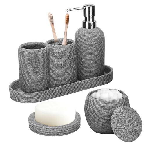 Bathroom Accessory Set, 6PCS Gray Bathroom Accessories - Soap Dish, Lotion Dispenser, Toothbrush Holder, Mouthwash Cup, Tray, Cotton Ball Jar, Aesthetic Decor Bathroom Sets - color: Gray,silver