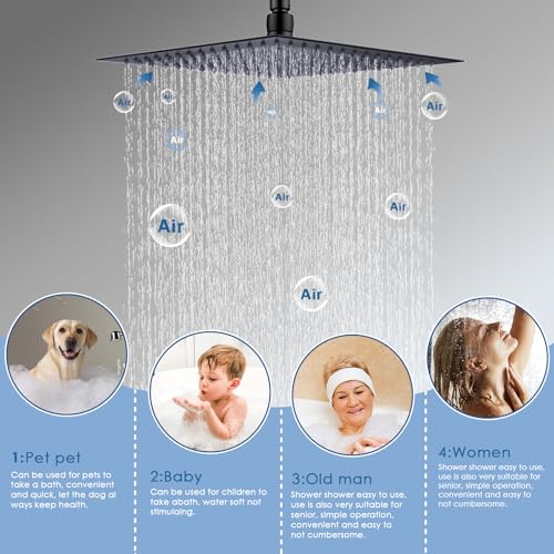 12" Shower Faucet Set Rain Shower System with 6" Wall Mounted Head Full Body Luxury Rain Shower System Rainfall Shower Head with Handheld Combo,3 Way Pressure Balance Valve Kit,Matte Black - color: Matte Black, style: HG-12inch+6inch