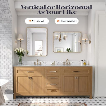 24"x36" Champagne Bronze Mirror Bathroom, Beaded Vanity Mirror | Mount Vertically or Horizontally, Shatterproof Safety, HD, Brass Vanity Mirror for Bedroom Entryway Living Room Fireplace - size: 36"L x 24"W