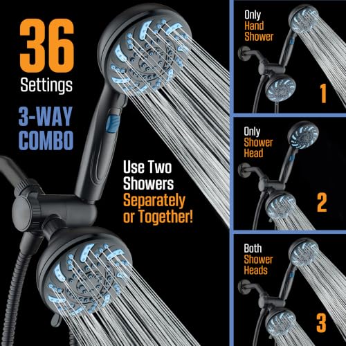AquaCare 2026 High Pressure Dual Handheld Shower Head Combo w/Pause Switch | Detachable Showerhead Wand, Stay-Clean Jets, Extra-long 6 ft. Stainless Steel Hose, Dual Wall & Overhead Brackets / Black - color: Black