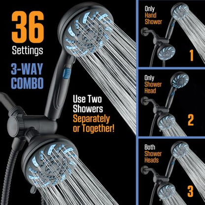 AquaCare 2026 High Pressure Dual Handheld Shower Head Combo w/Pause Switch | Detachable Showerhead Wand, Stay-Clean Jets, Extra-long 6 ft. Stainless Steel Hose, Dual Wall & Overhead Brackets / Black - color: Black