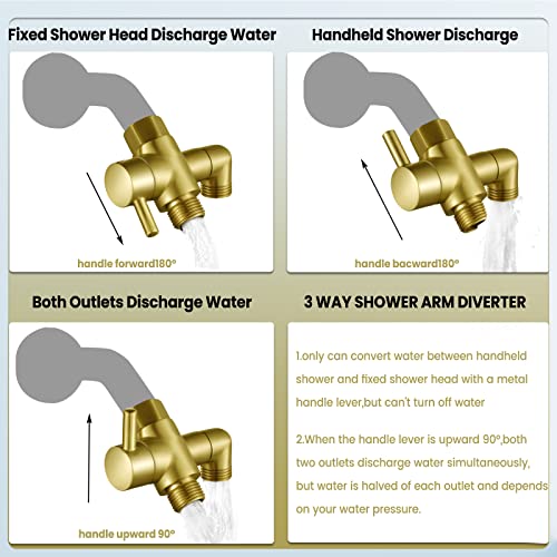 Metal Shower Diverter Valve, YDmeet 3 Way Shower Head Diverter for Handheld Showerhead and Fixed Rainfall Shower Head, Universal G1/2 Bathroom Shower System Replacement Part, Brushed Gold - color: Brushed Gold