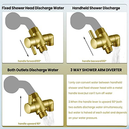 Metal Shower Diverter Valve, YDmeet 3 Way Shower Head Diverter for Handheld Showerhead and Fixed Rainfall Shower Head, Universal G1/2 Bathroom Shower System Replacement Part, Brushed Gold - color: Brushed Gold