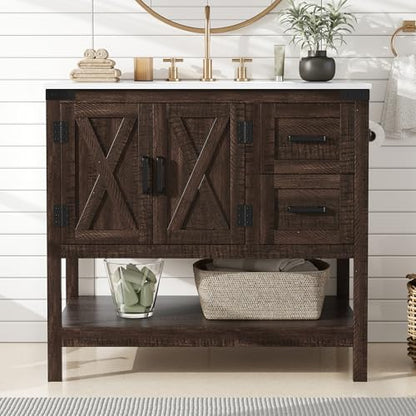 AMERLIFE 36" Brown Farmhouse Bathroom Vanity with Sink and 2 Drawers | Rustic Brown, Single Solid White Integrated Top, Moisture-Resistant MDF, 2 X-Panel Doors, 2 Drawers, Open Shelf, Towel Holder - color: Rustic Brown, size: 36”