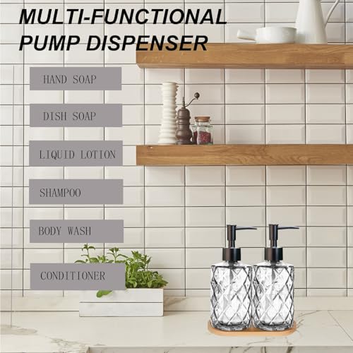 12oz Clear Glass Hand and Dish Soap Dispenser Set, Diamond Design, Set of 2 | Bathroom Soap Dispenser with Plastic Pumps, Bamboo Tray for Hand Wash & Dish Wash, for Bathroom Kitchen Countertop - color: Clear