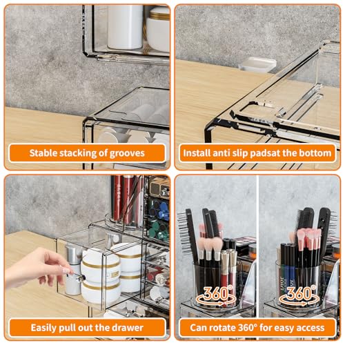 Clear Acrylic Makeup Organizers for Vanity,Countertop,3 Pack Make up Drawer Organizer With Makeup Brush Holder,Plastic Skincare Organizers for Hair Accessories,Beauty,Hair Products,Bathroom,Dresser