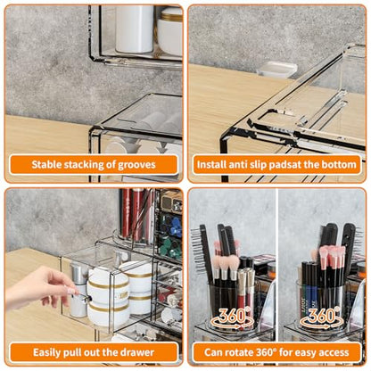 Clear Acrylic Makeup Organizers for Vanity,Countertop,3 Pack Make up Drawer Organizer With Makeup Brush Holder,Plastic Skincare Organizers for Hair Accessories,Beauty,Hair Products,Bathroom,Dresser