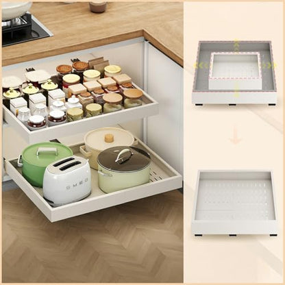 Fokyfok 2Pc Pull out Cabinet Organizer,16"-21"W,13"-17"D,Expandable | No Drill,Adjustable,Roll out Drawers,Adhesive Sliding Drawers,Slide out Shelves for Cabinets Without Lip,Kitchen,Pantry,White - size: (16"W-21"W)X(13"W-17"D)