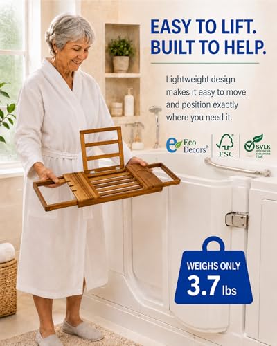 EcoDecors Expandable Teak Bathtub Tray Caddy – Adjustable Wooden Bath Tub Tray with Wine Glass Holder, Book & Tablet Stand, Spa Bath Caddy Organizer, Waterproof Solid Teak Bath Shelf