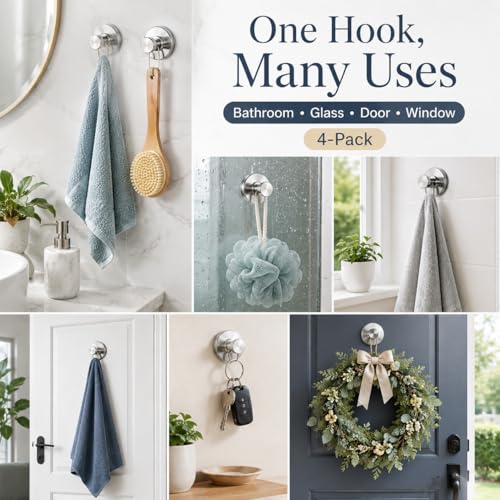 Suction Cup Hooks Removable Shower Hooks, 4Pcs Chrome Metal Towel Hooks for Bathroom Window Glass Wall Door Can Hang Various Towels Bath Keychains, Front Door Wreath Hanger, No-Drill Waterproof ﻿ - color: Chrome