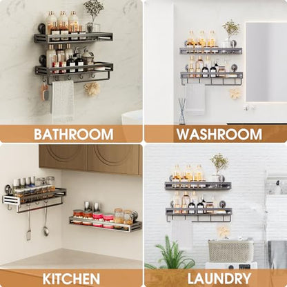 Suction Cup Shower Caddy with 5 Hooks & Towel Rrack 11.8inch Grey | No Drilling Shower Organizer with Large Capacity, Rust-resistant Bathroom Organizer, Heavy Duty Shower shelves for Bathroom - size: 11.8 inches