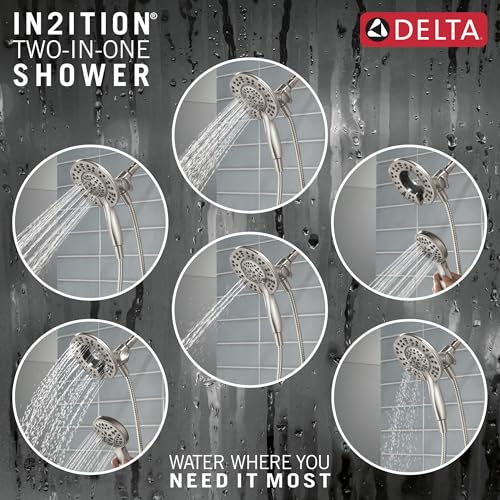 Delta Albion 14 Series Brushed Nickel Shower Faucet Set with In2ition 2-in-1 Dual Shower Head with HandHeld Spray Combo, Valve Trim Kit, Spotshield Brushed Nickel T142855-SP-I (Valve Not Included) - color: SpotShield Stainless