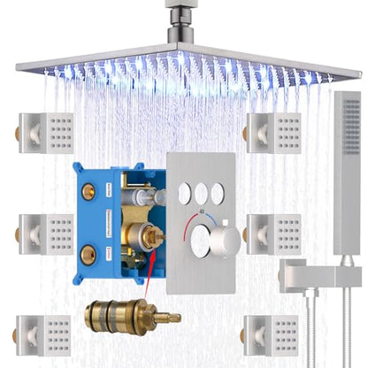 ENGA Thermostatic Shower System with Jets, 12 Inch LED Ceiling Mount Rainfall Shower System with Handheld Spray and 6 Jets (Can Use All Functions At a Time), Brushed Nickel - color: Brushed Nickel, style: Ceiling Mount-6 Jets
