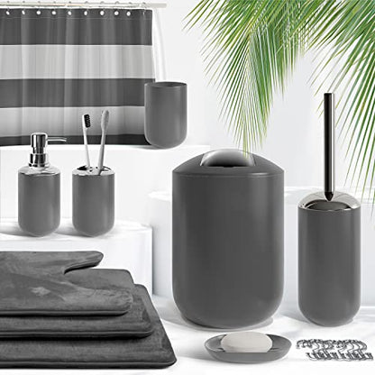 Clara Clark Bathroom Set - Gray Bathroom Accessories Set, Bathroom Sets with Shower Curtain and Rugs, 23PC Shower Curtain Set with Liner, Soap Dispenser, Soap Dish, Toilet Brush Holder, and Trash Can - color: Grey, size: Complete Set + Bath Rugs