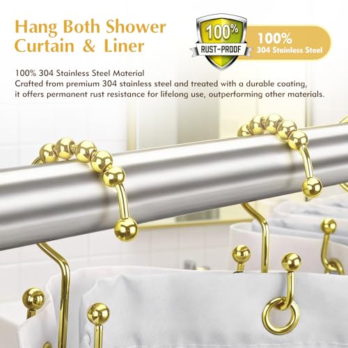 12 Pcs Gold Shower Curtain Hooks, 304 Stainless Steel Shower Curtain Hooks | Shower Curtain Rings Rust Proof, Double Hook Glide Shower Curtain Hooks Gold for Bathroom, Modern Decorative Shower Hooks