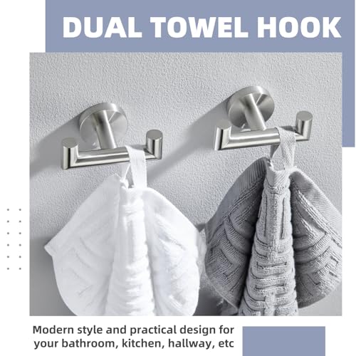 Brushed Nickel Bathroom Double Towel Hooks, 2 Pack, Wall Mounted | 304 Stainless Steel, Rust-resistant for Bathroom Shower Laundry Room, Heavy-duty 11 lbs Robe Hooks, Towels, Clothes Storage - color: Brushed Nickel
