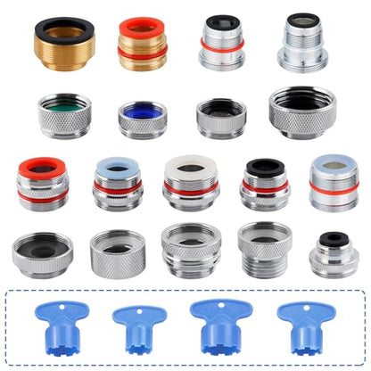 18-PCS Brass Faucet Adapter Kit, Metal Kitchen Sink Faucet Aerator Adapters | Male Female Connectors for Bathroom Removable Aerator Faucets, Garden Hose, RV, 4 PCS Aerator Removal Tools, Easy DIY Install - style: Equipped with 4 Aerator Removal Wrench Too