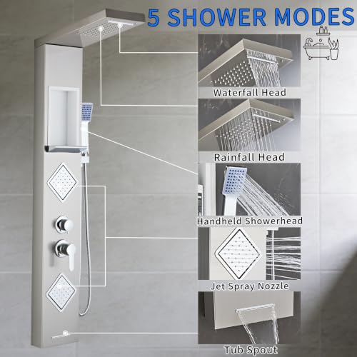Shower Panel Tower System with Storage- Brushed Gray | 304 Stainless Steel 5-Function Shower Panel Faucet Set with Powerful Body Jets, Rainfall, Waterfall,Handheld and Tub Spout - color: Brushed Gray