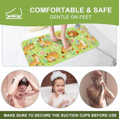 Baby Bath Mat for Tub Non Slip Kids, BPA Free Extra Long Bathtub Mat 40x16 with Drain Holes and 200 Suction Cups, Non Toxic Machine Washable Toddler Bath Mat, Eco-Friendly Certified - color: Green Deer