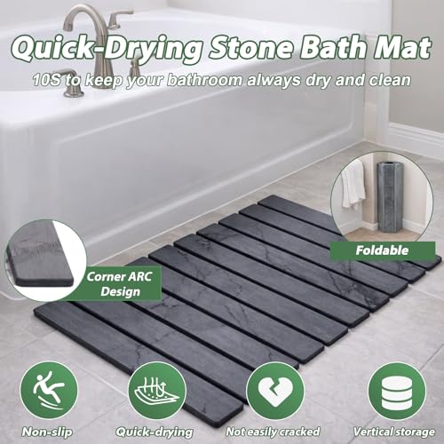 Foldable Stone Bath Mat, 23x15 Inch Gray Stone Bathmat Quick Dry, Diatomaceous Earth Mats Water Absorbing Diatomite Self Drying Mats, Multi-purpose Drying Mat for Kitchen Counter Dish Bathroom Dry - color: Dark Gray-marble