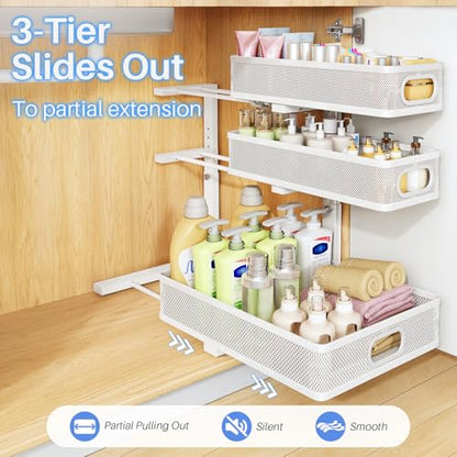 Under Sink Organizer, 3-Tier Thickened Metal Pull out Cabinet Organizer Shelf, Height Adjustable Slide out Storage Drawer Rack for Kitchen Bathroom Pantry Laundry Home Organization, 1-Pack, White | 35% Extra Storage Capacity, Carbon Steel, Hold Up 55lbs,