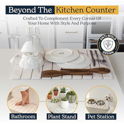 Oleex 3-Pack Stone Dish Drying Mat Set Includes 1 Large 24”x16” & 2 Small 4”x9” for Kitchen Counter-Collapsible Diatomaceous Earth Pad Absorbs Water & Dries Dishes Fast, Non-slip, Odor-Resistant Mats - color: White Marble