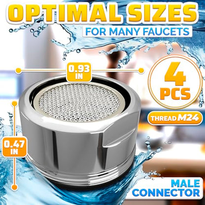 4Pcs Bathroom Faucet Aerator Replacement - 15"/16" 24mm Kitchen Bathroom Sink Attachment High Flow Aerator for Sink Faucet Aerators M24 Male Thread