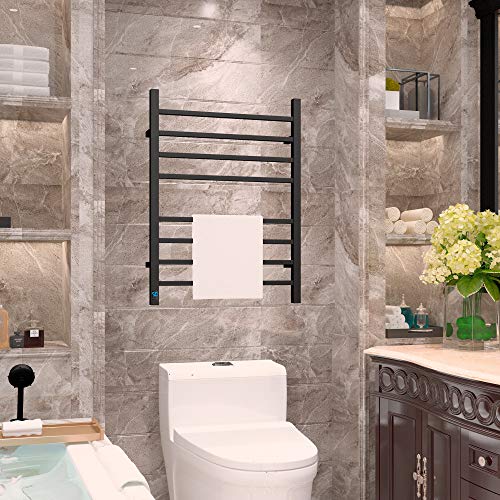 HEATGENE 8-Bar Square Towel Warmer, Heated Towel Rack, Timer, Matte Black | 8 Square Bars With Timer And Temperature Control, 304 Stainless Steel Construction, Plug-In Or Hardwired Installation - color: Matte Black