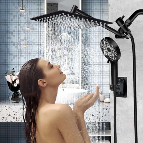 Shower Head,10 Inch High Pressure Rain Shower Head with Handheld Spray Combo, Adjustable Dual Rainfall Shower Head - Showerhead Comb Set with Extension Arm - 60 Inch Long Shower Hose(Black) - color: Black, size: 10 Inch - Standard