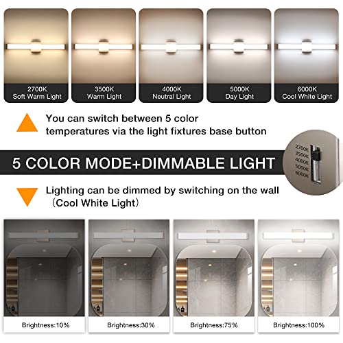 24" LED Vanity Light, 14W 5CCT Dimmable, Brushed Nickel | Wall Bar Light, Rust & Moisture Resistant, Dimmable 2700K-5000K, Energy-saving, moisture-proof, Dresser Bathroom over Mirror - color: Brushed Nickel, size: 24 inch 5CCTDimmable