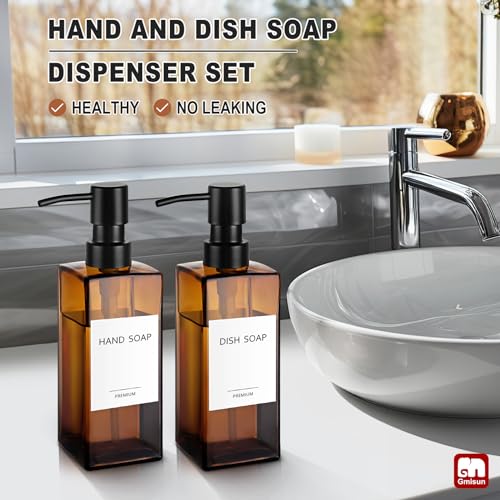 GMISUN Amber Glass Soap Dispenser, 2 Pack Hand Soap Dispenser Bathroom, 12 fl oz/350ml Dish Dispenser Set for Kitchen, Glass Liquid Dispenser with Stainless Steel Pump, Brown Soap Dispensers Bottle - color: Amber Bottle + Black Pump