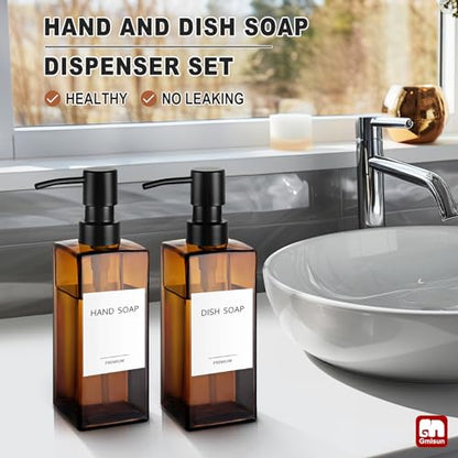 GMISUN Amber Glass Soap Dispenser, 2 Pack Hand Soap Dispenser Bathroom, 12 fl oz/350ml Dish Dispenser Set for Kitchen, Glass Liquid Dispenser with Stainless Steel Pump, Brown Soap Dispensers Bottle - color: Amber Bottle + Black Pump