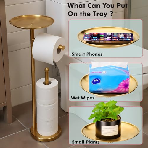 Freestanding Toilet Paper Holder with Shelf, Gold Toilet Paper Stand with Storage Tray and Space for 4 Extra Rolls - color: Gold
