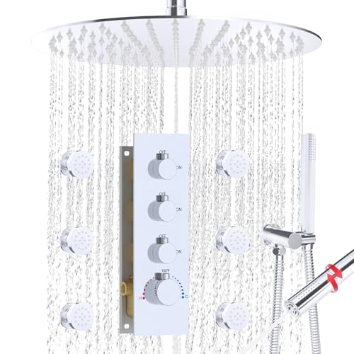 HOMEDEC 16inch Round Ceiling Mounted Rainfall Shower Faucet Set, 3 Way Shower Diverter Valve with 2-Function Handheld Shower and Body Sprays, Chrome - color: Chrome, style: 3-Way
