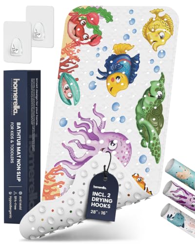 homerella Bathtub Mat Non Slip Kids 28x16 Baby Bath Mat Non Slip Anti Mold | 100% BPA Free, Non Toxic, Mildew Resistant, Machine Washable, Extra Long Kids Bath Mat for Tub Non Slip, Toddler Bath Mat - color: Fishes, size: 28" x 16" (Rectangular)