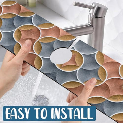 Geometric Printing Sink Splash Guard Faucet Mat Ceramic Tile Texture Super Absorbent Fast Drying Mat Sink Gadgets-Splash Guard Behind Faucet Drip Catcher for Kitchen Bathroom, 23.5"x5.5" - size: 23.5" x 5.5"