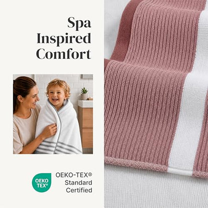 Modern Threads 6-Piece Towel Set – 100% Cotton, Quick Dry, Ultra Absorbent – Includes 2 Bath, 2 Hand, 2 Washcloths (White/Reinhart Rose) - color: Rose, style: Classic Stripe