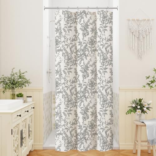 Black Boho Linen Shower Curtain, Farmhouse Floral for Bathroom | Botanical floral print. Rustic farmhouse boho decor. Durable linen blend fabric. Machine washable for easy care. 36x72 - color: Black, size: 36"W x 72"L (Pack of 1)