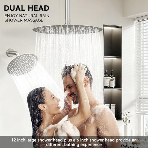 Shower Systems Shower Faucet Sets STARBATH 3 Way 12+6" Round Dual Rainfall Shower Head with Handheld Spray, Ceiling Mounted Rain Shower Valve with 5 Diverter and Trim Kit Complete, Brushed Nickel - color: Brushed Nickel, size: 6+12 inch-04