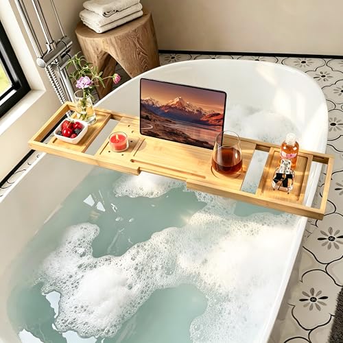 Utoplike Bamboo Bathtub Tray Caddy for Tub, Bath Table Bathroom Organizer | Adjustable, with Book Tablet Stand, Wine Glass Cup, 2 Sliding Towel Holder