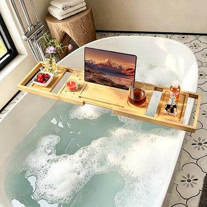 Utoplike Bamboo Bathtub Tray Caddy for Tub, Bath Table Bathroom Organizer | Adjustable, with Book Tablet Stand, Wine Glass Cup, 2 Sliding Towel Holder