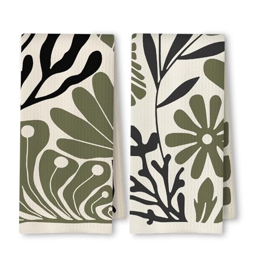 Abstract Green and Black Boho Floral Kitchen Towels Set of 2, 70s Retro Groovy Botanical Dish Tea Towels for Kitchen Decor, Mid Century Modern Hand Towels for Bathroom Decor, 16x24 Inch - color: Green and Black