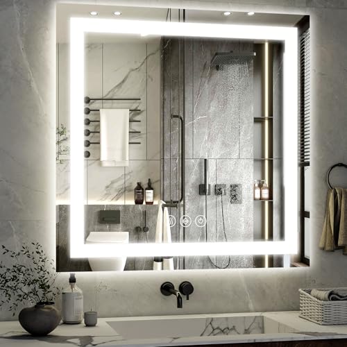 XRAMFY 47"X47" LED Bathroom Mirror, Backlit + Front Lit Wall Mirror | LED Bathroom Mirror with Lights for Wall, 3 Colors, Anti-Fog, Dimmable Brightness, Tempered Glass - size: 47"L x 47"W