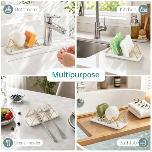 Stainless Steel Soap Dish Draining Soap Holder with Ceramic Tray, Gold | Reversible Design Fits 2-3 Bars, Rustproof, Easy to Clean, Space Saving, Non Slip, for Bathroom, Shower, Kitchen - color: Gold, size: 6.3" x 3.0"(with tray)